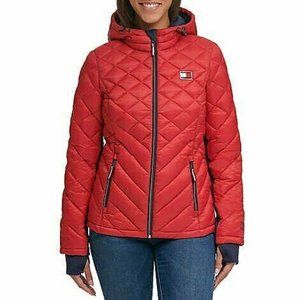 Tommy Hilfiger Womens Packable Hooded Puffer Jacket color crimson